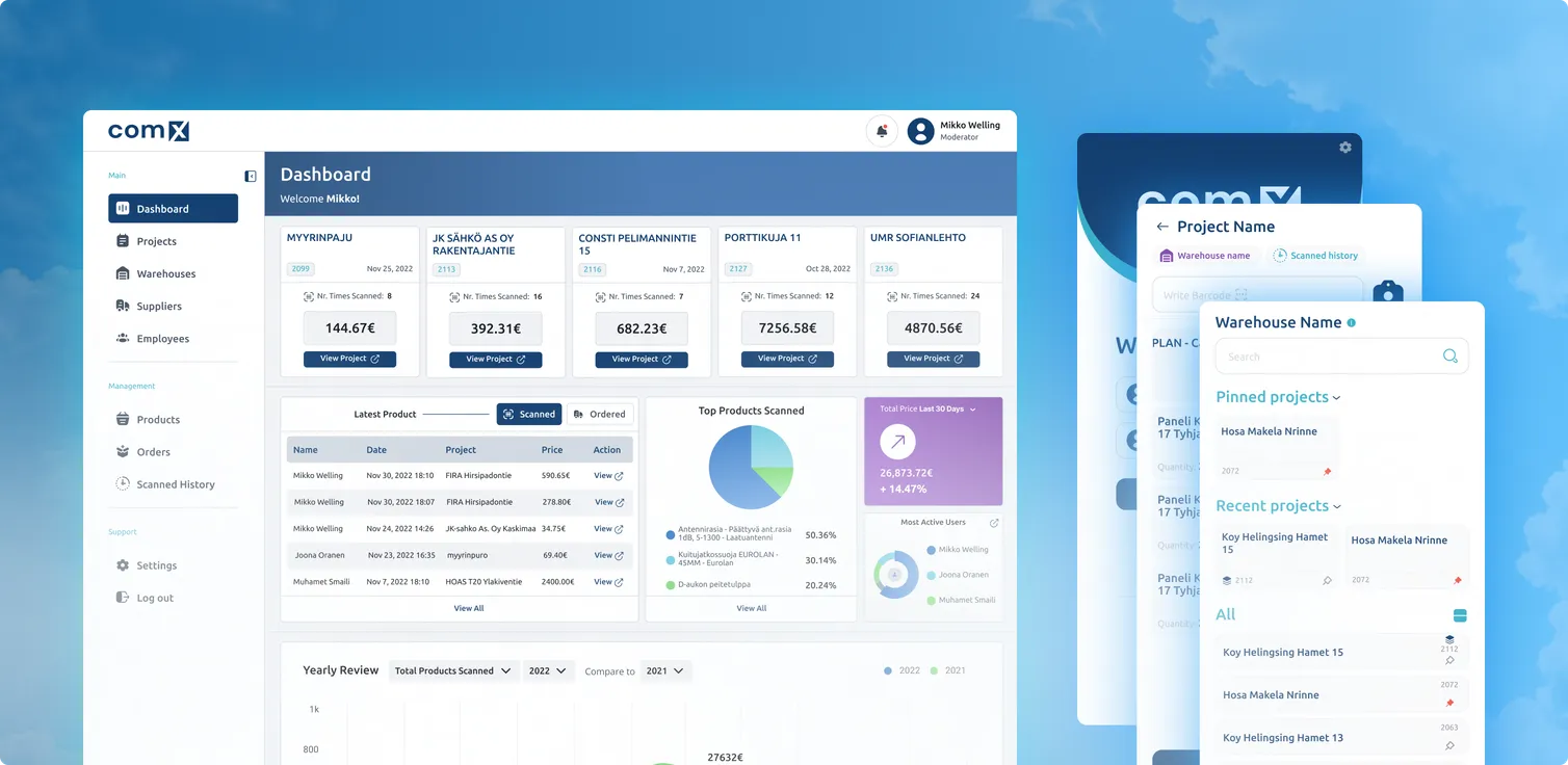 Varasto desktop dashboard and mobile warehouse management interfaces