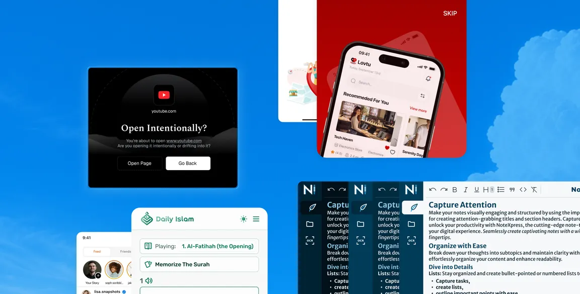 A collection of product interface explorations for focus, learning, and content tools