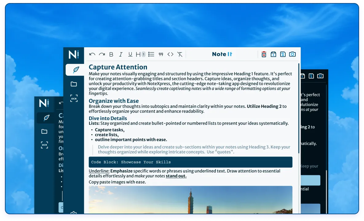 Animated Note It interface frames shown over a blue sky