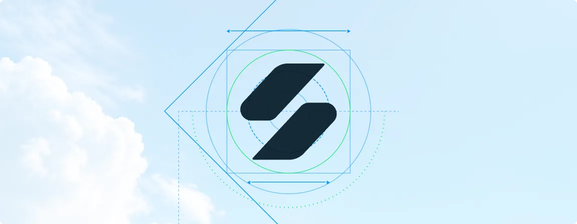Logo construction artwork shown over a pale blue sky